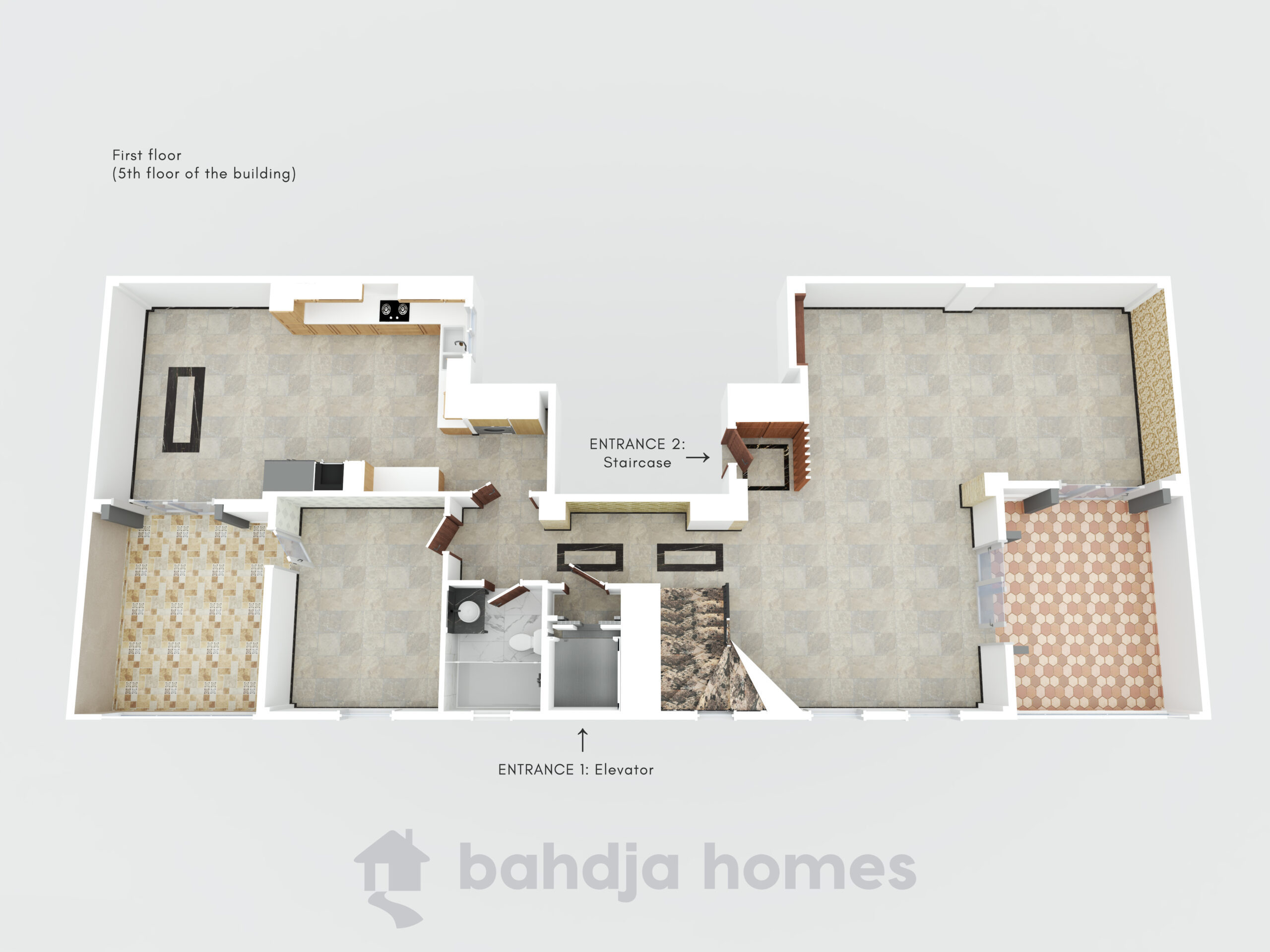 The 3D floor plan for the bottom floor of this duplex.