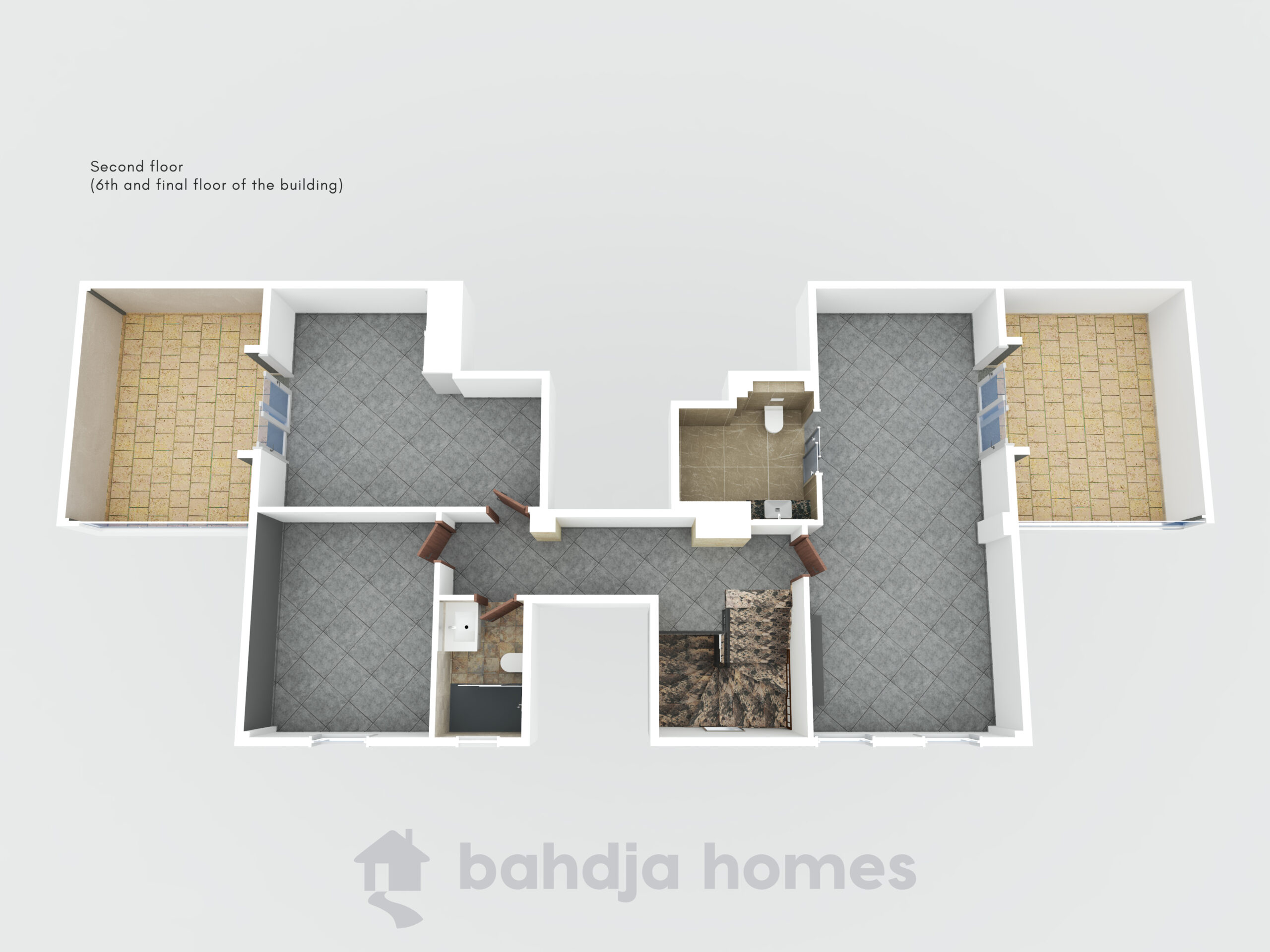 The 3D floor plan for the top floor of this duplex.