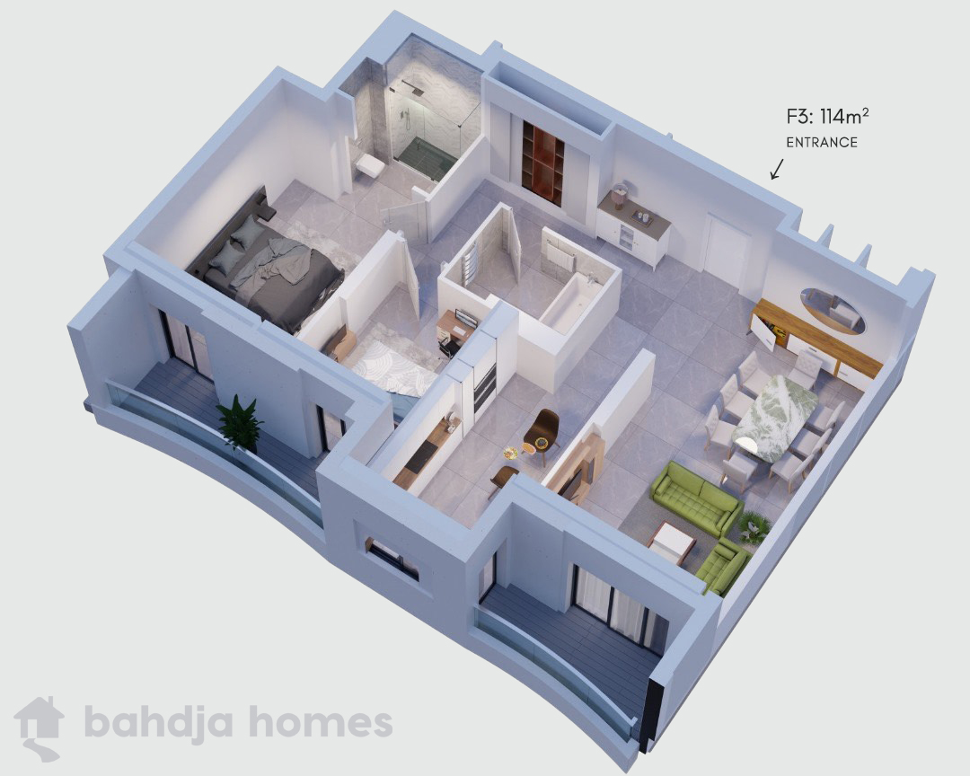 The floor plan of a 114m² F3 in a new property development in Kouba