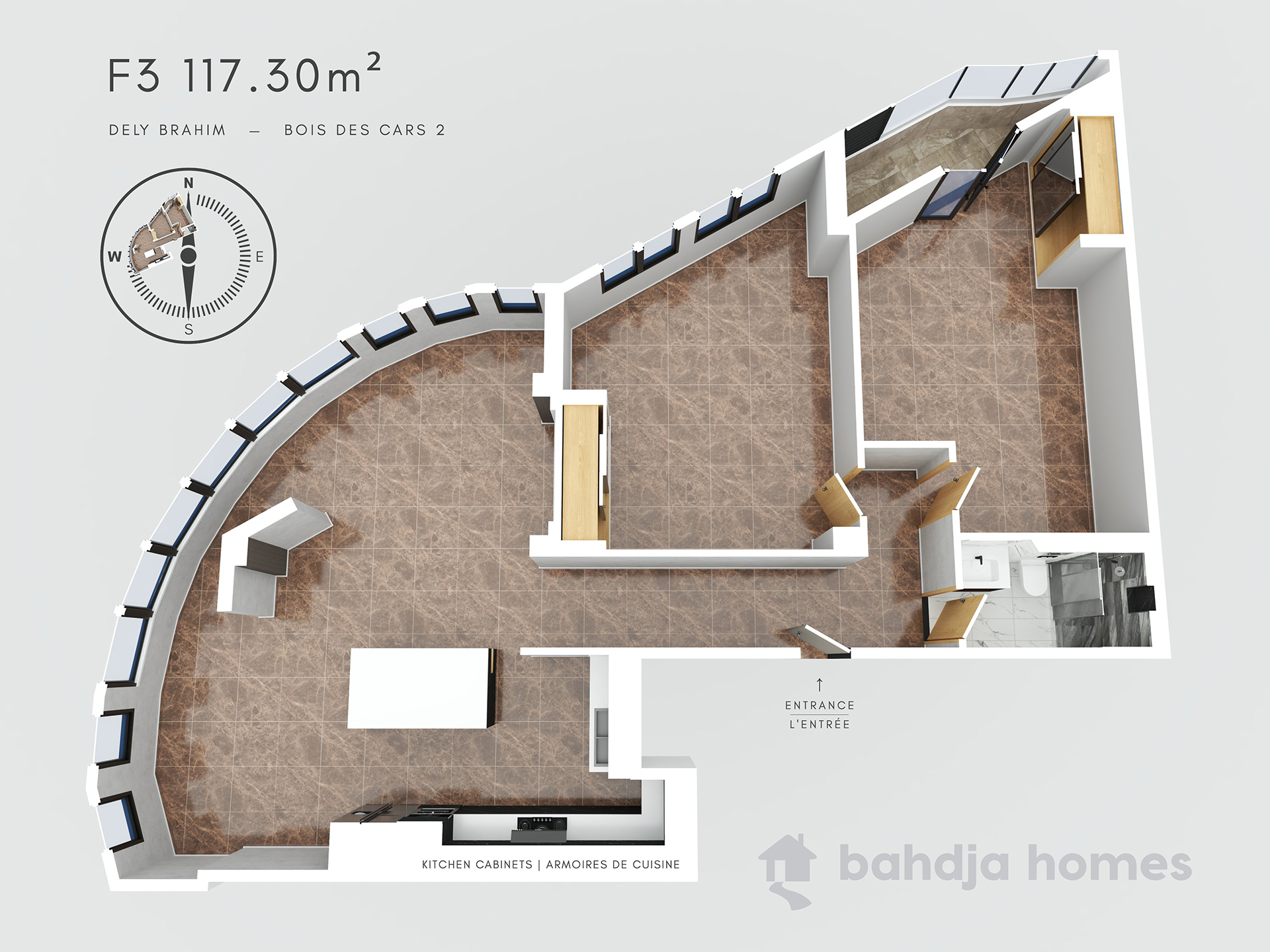 A 3D floor plan of the F3 Apartments in Dely Brahim